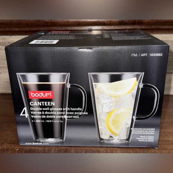 🥰 Set/4 NEW! Bodum CANTEEN Double Wall Glasses w/ Handle ~ 13.5 OZ ~Hot & Cold - Picture 1 of 10